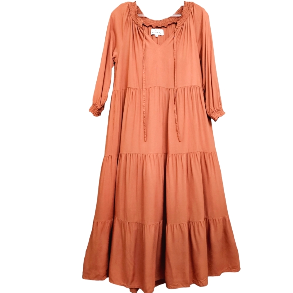 Nwot Margaux Riviera Rust Brown 3/4 Sleeve Tiered Flowy Rayon Maxidress